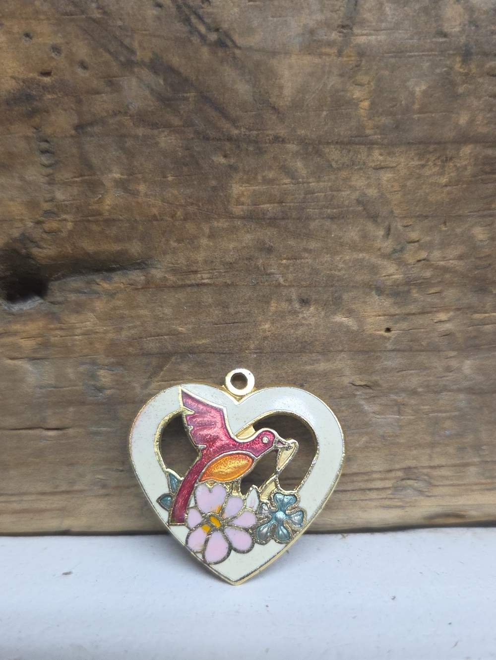 Vintage Enameled Bird Heart Pendant